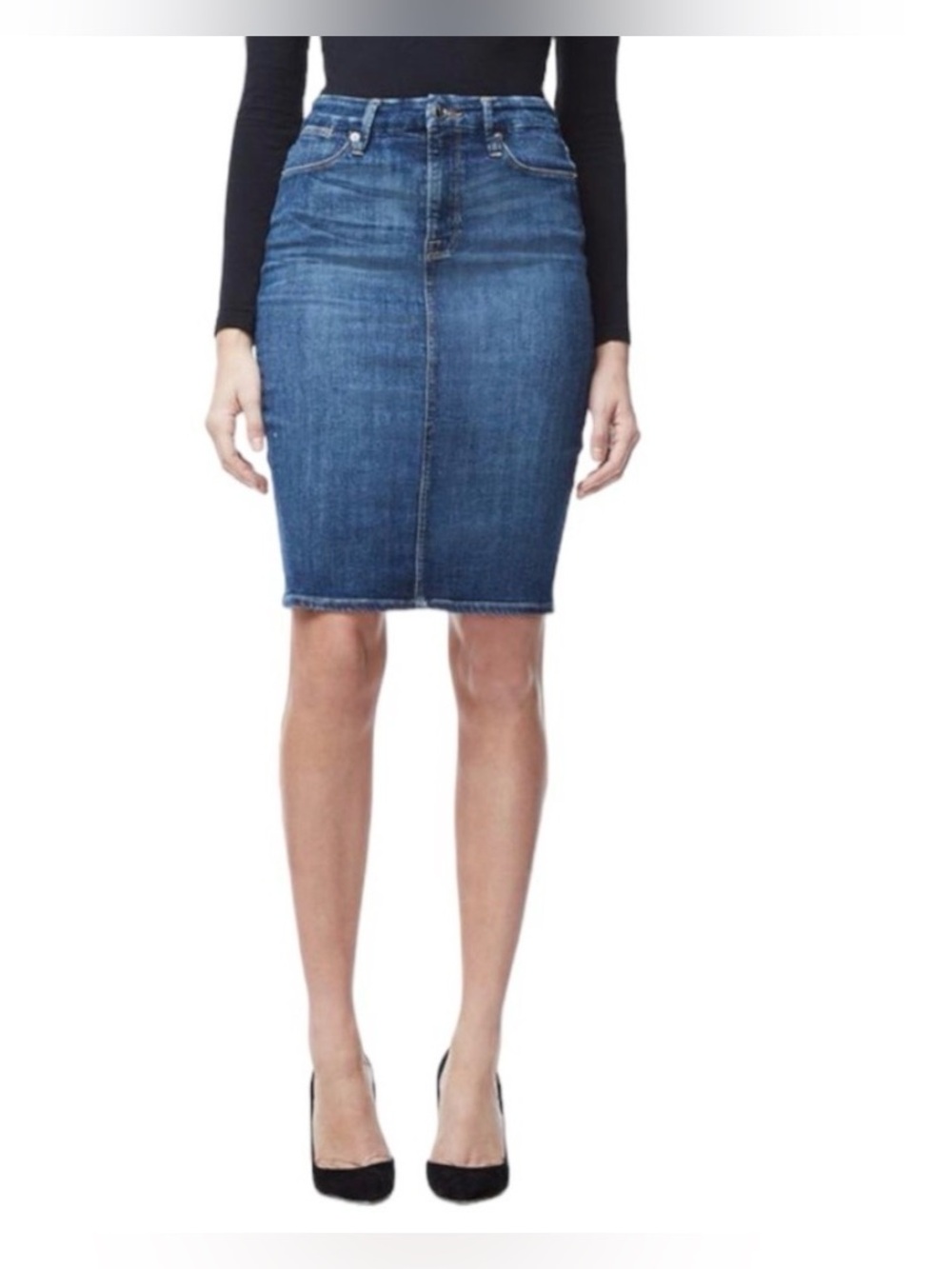 GOOD American Denim Pencil Skirt 6 28 with slit stretchy curve hugging DARK WASH